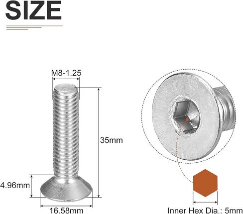 M8-1.25 x 20mm Flat Head Socket Cap Screws, 15 Pack 304 Stainless Steel Hex Socket Flat Head Screws, Full Thread, Countersunk Bolts in Saudi Arabia