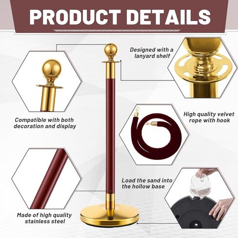 Landhoow 2 Pcs Stanchions and Velvet Ropes 5 ft Carpet Ropes and Stainless Steel Poles Post Crowd Control Safety Barriers for Hotel Wedding Offices Red Carpet Events Party Supplies(Dark Red, Gold) in Saudi Arabia