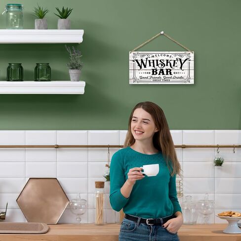 Rustic Hanging Wood Sign, Welcome Whiskey Bar Good Friends Good Drinks, Home Decor Wall Hanging Plaque with Rope, Front Door Decor Fence Christmas Party Supplies, Wooden Art Gift for Dad Him -45 in Saudi Arabia