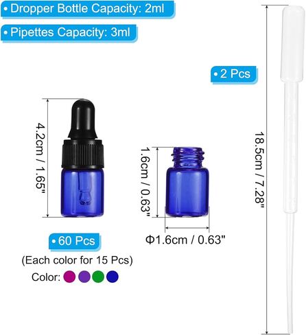 PATIKIL 2ml Glass Dropper Bottle, 60Pcs Leakproof Essential Oils Sample Liquid Perfume Container with 2 Plastic Pipettes for Storage Travel, 4 Colors in Saudi Arabia