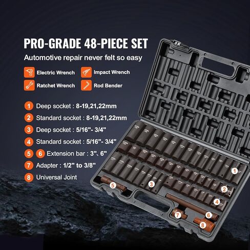 VEVOR 3/8" Drive Impact Socket Set, 48 Piece Socket Set SAE 5/16" -3/4" and Metric 8-22mm, 6 Point Cr-V Alloy Steel for Auto Repair, Easy-to-Read Markings, Rugged Construction, Includes Storage Case in Saudi Arabia