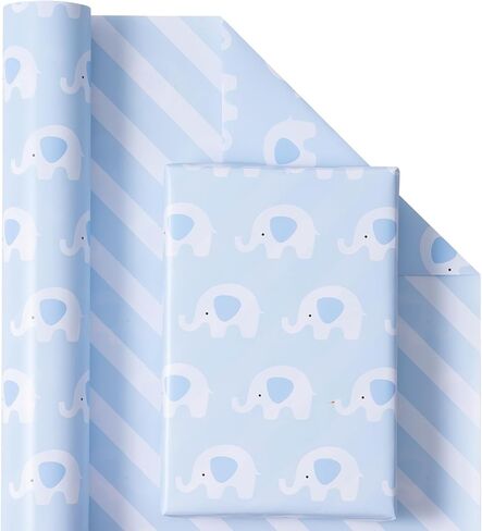 WRAPAHOLIC Reversible Baby Shower Wrapping Paper - Mini Roll - 17 Inch X 33 Feet - Cute Hedgehogs and Stripes Design for Birthday, Holiday, Party in Saudi Arabia