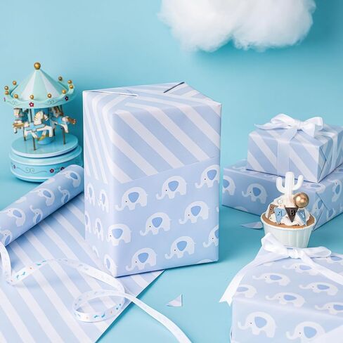 WRAPAHOLIC Reversible Baby Shower Wrapping Paper - Mini Roll - 17 Inch X 33 Feet - Cute Hedgehogs and Stripes Design for Birthday, Holiday, Party in Saudi Arabia