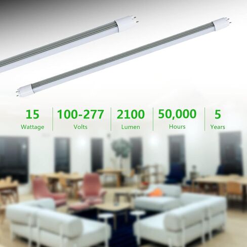 2FT T8 LED Type A+B Tube Lights 15W 2100lm, 24inch 5000K Daylight Light Bulbs, F20T12/F17T8 Fluorescent Replacement, Ballast Compatible or Bypass, Dual-Ended, Frosted Lens, DLC&UL Listed in Saudi Arabia