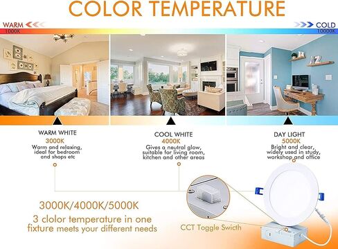 CLOUDY BAY 6 بوصة 3000K/ 4000K/ 5000K ثلاثة ألوان قابلة للاختيار، 15 وات CRI 90+، إضاءة LED رفيعة للغاية مع صندوق توصيل، تصنيف IC، محكم الهواء، ETL/JA8، أبيض، 12 حزمة in Saudi Arabia