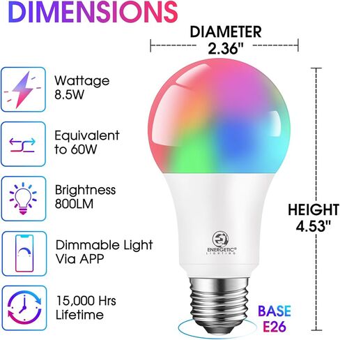 لمبة الإضاءة الذكية واي فاي ذات المادة الحيوية، لمبة A19 RGB LED متغيرة اللون، 2700K-6500K قابلة للتعتيم، تعمل مع Amazon Alexa، Google Home، Apple Home، SmartThings، 60W Equi، مطلوب مكبر صوت ذكي، عبوتان in Kuwait