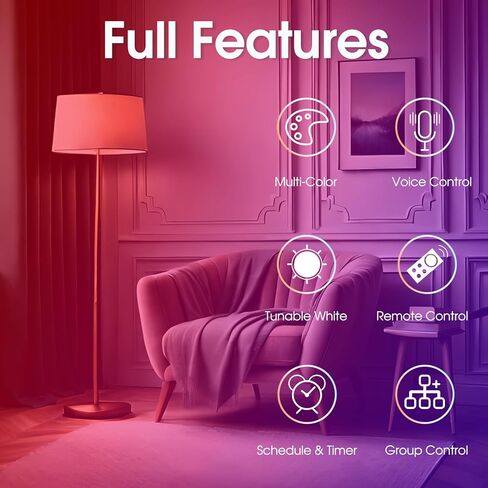 لمبة الإضاءة الذكية واي فاي ذات المادة الحيوية، لمبة A19 RGB LED متغيرة اللون، 2700K-6500K قابلة للتعتيم، تعمل مع Amazon Alexa، Google Home، Apple Home، SmartThings، 60W Equi، مطلوب مكبر صوت ذكي، عبوتان in Kuwait
