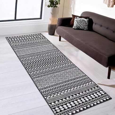 سجادة Zacoo Boho Runner 2x10 سجادة عداء المدخل سجادة قابلة للغسل سجادة غير قابلة للانزلاق سجادة مزرعة داخلية حديثة سجادة أرضية حديثة سجادة مطبخ عتيقة مدخل عداء لغرفة النوم وغرفة المعيشة والغسيل، أسود in Saudi Arabia