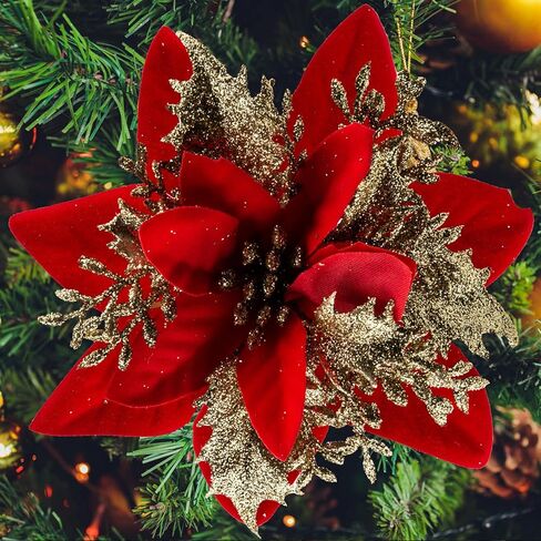SPORTYOUTH 30 Pcs Glitter Poinsettia Artificial Christmas Flowers, 5.5" Fake Silver Christmas Tree Flower with Clips and Stems for Xmas Decoration New Year Wedding Party DIY Garland Wreath Ornaments in Kuwait
