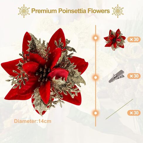 SPORTYOUTH 30 Pcs Glitter Poinsettia Artificial Christmas Flowers, 5.5" Fake Silver Christmas Tree Flower with Clips and Stems for Xmas Decoration New Year Wedding Party DIY Garland Wreath Ornaments in Kuwait