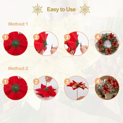 SPORTYOUTH 30 Pcs Glitter Poinsettia Artificial Christmas Flowers, 5.5" Fake Silver Christmas Tree Flower with Clips and Stems for Xmas Decoration New Year Wedding Party DIY Garland Wreath Ornaments in Kuwait
