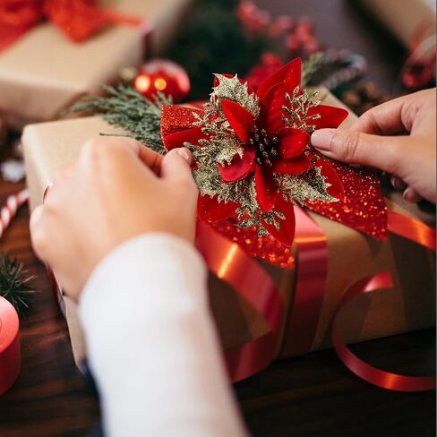 SPORTYOUTH 30 Pcs Glitter Poinsettia Artificial Christmas Flowers, 5.5" Fake Silver Christmas Tree Flower with Clips and Stems for Xmas Decoration New Year Wedding Party DIY Garland Wreath Ornaments in Kuwait