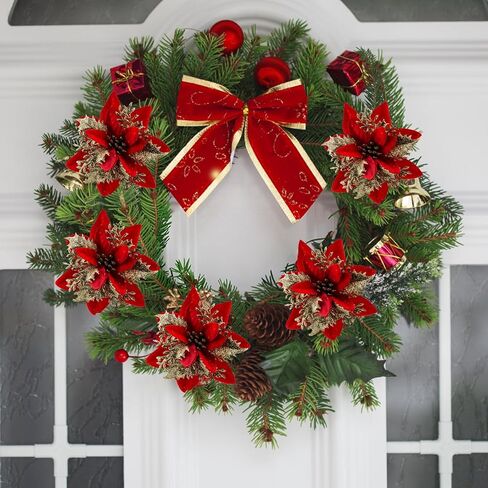 SPORTYOUTH 30 Pcs Glitter Poinsettia Artificial Christmas Flowers, 5.5" Fake Silver Christmas Tree Flower with Clips and Stems for Xmas Decoration New Year Wedding Party DIY Garland Wreath Ornaments in Kuwait