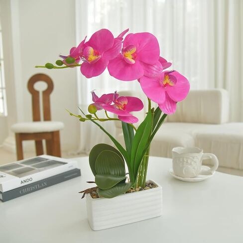 Artificial Real Touch Orchid Flowers in Pot Fake Phalaenopsis Flower with White Ceramic Vase Faux Orchids Arrangement for Home Table Office Wedding Party Decoration (Orange) in Saudi Arabia