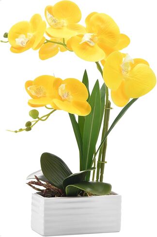 Artificial Real Touch Orchid Flowers in Pot Fake Phalaenopsis Flower with White Ceramic Vase Faux Orchids Arrangement for Home Table Office Wedding Party Decoration (Orange) in Saudi Arabia