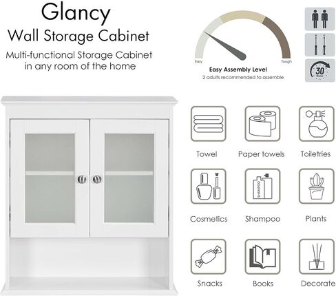 Spirich Bathroom Cabinet Wall Mounted, Medicine Cabinet Organizer with Glass Doors and Adjustable Shelves, Bathroom Wall Cabinet Over Toilet, White in Kuwait