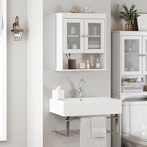 Spirich Bathroom Cabinet Wall Mounted, Medicine Cabinet Organizer with Glass Doors and Adjustable Shelves, Bathroom Wall Cabinet Over Toilet, White in Kuwait