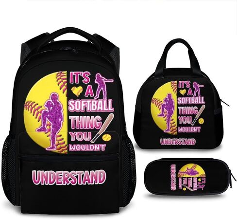 Kids Backpack with Lunch Box Set, 3 in 1 Softball School Backpacks Matching Combo for Boys Girls, Cool Black Bookbag and Pencil Pouch Bundle in Saudi Arabia