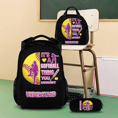 Kids Backpack with Lunch Box Set, 3 in 1 Softball School Backpacks Matching Combo for Boys Girls, Cool Black Bookbag and Pencil Pouch Bundle in Saudi Arabia
