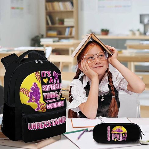 Kids Backpack with Lunch Box Set, 3 in 1 Softball School Backpacks Matching Combo for Boys Girls, Cool Black Bookbag and Pencil Pouch Bundle in Saudi Arabia