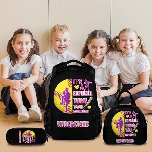 Kids Backpack with Lunch Box Set, 3 in 1 Softball School Backpacks Matching Combo for Boys Girls, Cool Black Bookbag and Pencil Pouch Bundle in Saudi Arabia