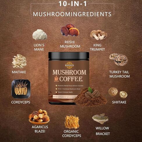 Mushroom Coffee Powder - 72 Serving - Lion's Mane Mushroom, Reishi, Cordyceps, Chaga, and Turkey Tail - Instant Coffee Mix for Energy in Saudi Arabia