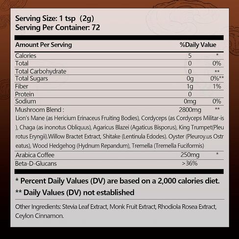 Mushroom Coffee Powder - 72 Serving - Lion's Mane Mushroom, Reishi, Cordyceps, Chaga, and Turkey Tail - Instant Coffee Mix for Energy in Saudi Arabia