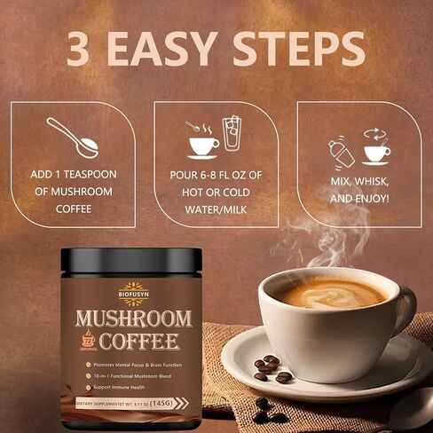 Mushroom Coffee Powder - 72 Serving - Lion's Mane Mushroom, Reishi, Cordyceps, Chaga, and Turkey Tail - Instant Coffee Mix for Energy in Saudi Arabia