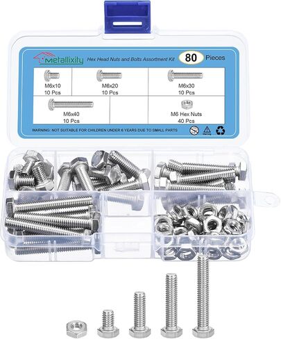 METALLIXITY M6 Metric Screw Assortment 80Pcs, 304 Stainless Steel Hex Head Nuts and Bolts Assortment Kit, Flat Hex Head Screws Bolts Nuts with Case in Saudi Arabia