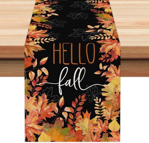ARKENY Hello Fall Thanksgiving Table Runner 13x48 Inches,Maple Leaves,Seasonal Burlap Black Farmhouse Indoor Outdoor Table Autumn Runner for Home AT445-48 in Kuwait