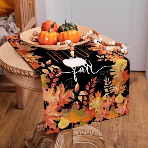 ARKENY Hello Fall Thanksgiving Table Runner 13x48 Inches,Maple Leaves,Seasonal Burlap Black Farmhouse Indoor Outdoor Table Autumn Runner for Home AT445-48 in Kuwait
