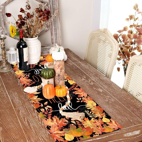 ARKENY Hello Fall Thanksgiving Table Runner 13x48 Inches,Maple Leaves,Seasonal Burlap Black Farmhouse Indoor Outdoor Table Autumn Runner for Home AT445-48 in Kuwait