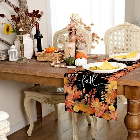 ARKENY Hello Fall Thanksgiving Table Runner 13x48 Inches,Maple Leaves,Seasonal Burlap Black Farmhouse Indoor Outdoor Table Autumn Runner for Home AT445-48 in Kuwait