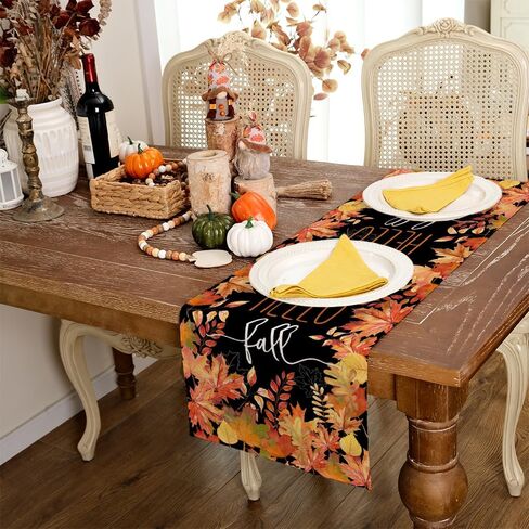 ARKENY Hello Fall Thanksgiving Table Runner 13x48 Inches,Maple Leaves,Seasonal Burlap Black Farmhouse Indoor Outdoor Table Autumn Runner for Home AT445-48 in Kuwait