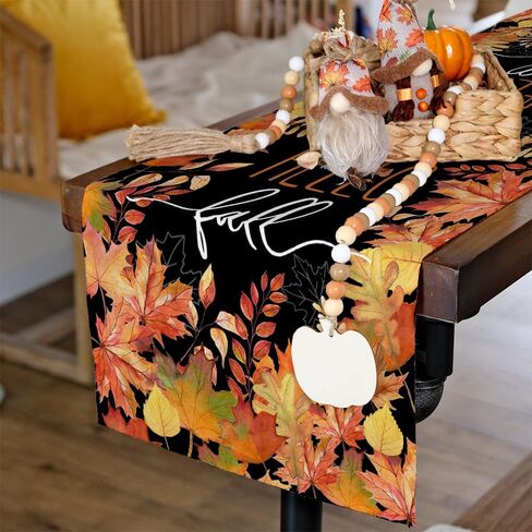 ARKENY Hello Fall Thanksgiving Table Runner 13x48 Inches,Maple Leaves,Seasonal Burlap Black Farmhouse Indoor Outdoor Table Autumn Runner for Home AT445-48 in Kuwait
