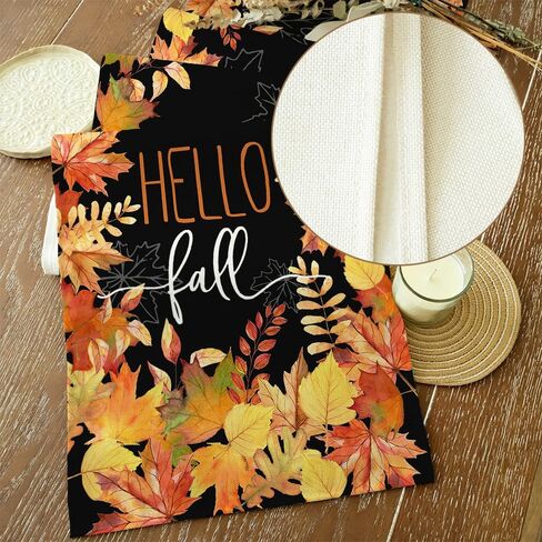 ARKENY Hello Fall Thanksgiving Table Runner 13x48 Inches,Maple Leaves,Seasonal Burlap Black Farmhouse Indoor Outdoor Table Autumn Runner for Home AT445-48 in Kuwait