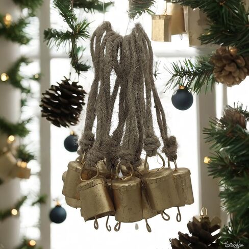 اجراس بقرة معدنية صغيرة بتصميم ريفي ريفي مصنوعة يدويا لتزيين الكريسماس على حبل الجوت 4 سم، عبوة من 30 اجراس مختلطة على شكل اسطواني مخروطي in Kuwait