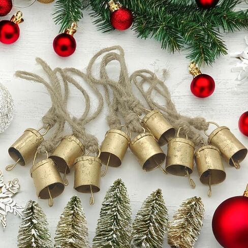 اجراس بقرة معدنية صغيرة بتصميم ريفي ريفي مصنوعة يدويا لتزيين الكريسماس على حبل الجوت 4 سم، عبوة من 30 اجراس مختلطة على شكل اسطواني مخروطي in Kuwait
