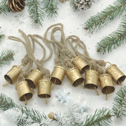 اجراس بقرة معدنية صغيرة بتصميم ريفي ريفي مصنوعة يدويا لتزيين الكريسماس على حبل الجوت 4 سم، عبوة من 30 اجراس مختلطة على شكل اسطواني مخروطي in Kuwait