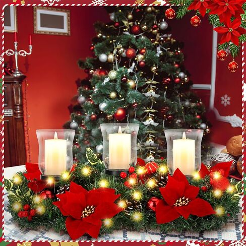 Sliner Christmas Poinsettia Candle Holder Centerpiece, Christmas Centerpieces for Tables Christmas Tealight Candle Holders Christmas Glass Candle Holders Romantic Holiday Candelabrum for Table Mantel in Saudi Arabia