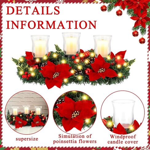 Sliner Christmas Poinsettia Candle Holder Centerpiece, Christmas Centerpieces for Tables Christmas Tealight Candle Holders Christmas Glass Candle Holders Romantic Holiday Candelabrum for Table Mantel in Saudi Arabia