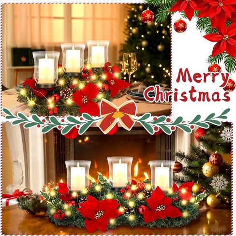 Sliner Christmas Poinsettia Candle Holder Centerpiece, Christmas Centerpieces for Tables Christmas Tealight Candle Holders Christmas Glass Candle Holders Romantic Holiday Candelabrum for Table Mantel in Saudi Arabia