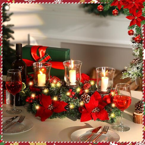 Sliner Christmas Poinsettia Candle Holder Centerpiece, Christmas Centerpieces for Tables Christmas Tealight Candle Holders Christmas Glass Candle Holders Romantic Holiday Candelabrum for Table Mantel in Saudi Arabia