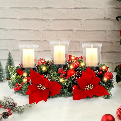 Sliner Christmas Poinsettia Candle Holder Centerpiece, Christmas Centerpieces for Tables Christmas Tealight Candle Holders Christmas Glass Candle Holders Romantic Holiday Candelabrum for Table Mantel in Saudi Arabia