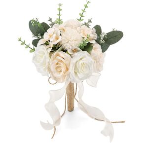 9.5In Wedding Bouquets for Bride Bridesmaid, Champagne Roses White Artificial Flowers Toss Bouquet for Wedding Party Church Decoration