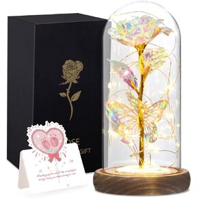 Rose Flower Gift for Women, 2024 Upgraded for Her, Birthday Gifts for Mom, Girlfriend, Wife, Grandmother, Rose in A Glass Dome with Wooden Base - 3 Lighting Modes