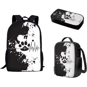 Black and White Paw Backpack with Lunch Box Kit Pencil Case for Kids Boy Girl School Book Bag Set of 3, Resistant to Dirt, Lovely Printing, Back to School Gifts