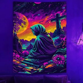 SparkLia Blacklight Skull Tapestry, Skeleton Cross Flower UV Reative Tapestries Cool Gothic Colorful Moonscape Halloween Vertical Wall Hanging Poster for Bedroom, Living Room - 44 x 59 inches