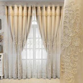 Amidoudou 1 Pair European Double Layer Curtains with Valances for Living Room Luxury 3D Embroidered Curtains for Bedroom (Beige,63x96 Inch)