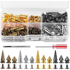 120 Sets Punk Spikes and Studs Kit, 4 Colors Cone Spikes, 3 Sizes Metal Tree Spikes Screwback Studs for DIY Leathercraft and Punk Style Clothing Accessories